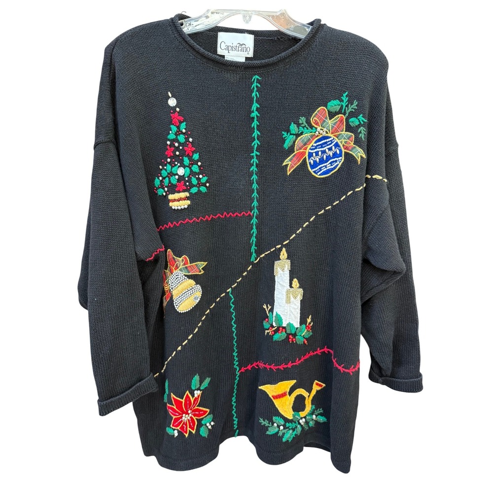 Vintage Black Ugly Christmas Sweater Women's‎ Embroidered 80's Tree Ornament